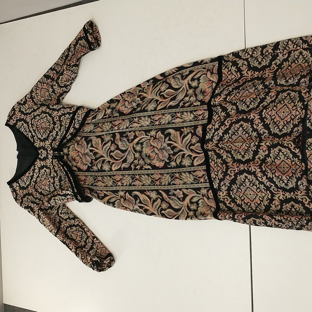 Woven Tapestry Dress Vintage OOAK Black Velvet Trim See Measure Long Sleeve Maxi - Picture 12 of 15